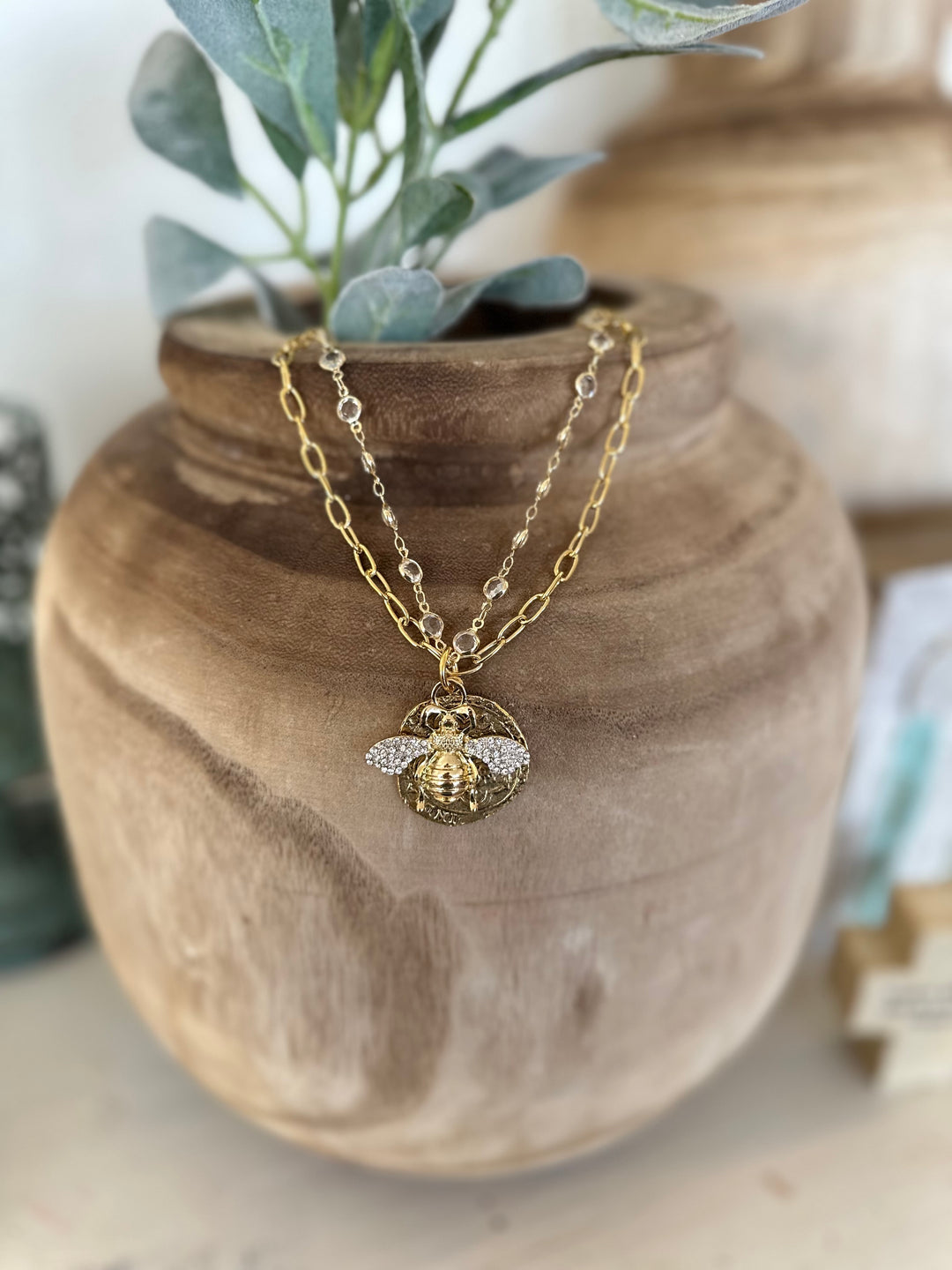 Gold Pave Bee and Coin Replica Pendant Necklace-Necklaces-Lula n Lee-Shop with Bloom West Boutique, Women's Fashion Boutique, Located in Houma, Louisiana