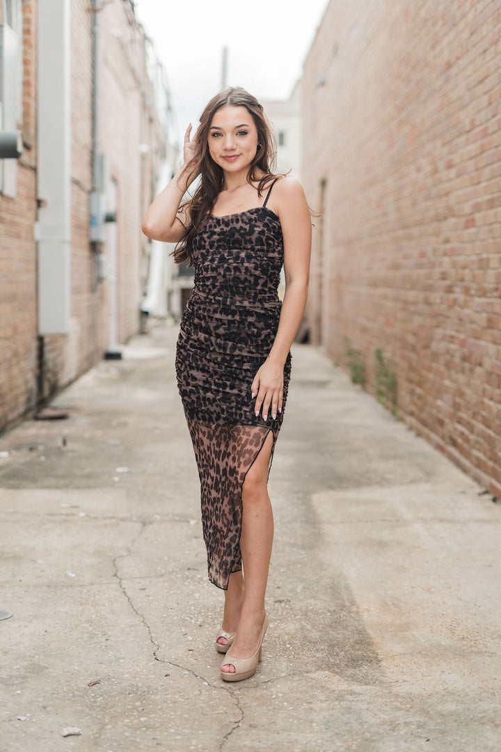 Cheetah Print Ruched Mesh Asymmetrical Midi Dress-Midi Dresses-Endless Rose-Shop with Bloom West Boutique, Women's Fashion Boutique, Located in Houma, Louisiana