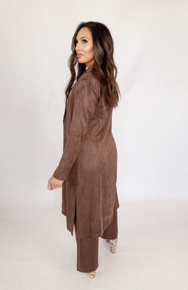 Sofía Suede Duster Brown-Jackets-skies are blue-Shop with Bloom West Boutique, Women's Fashion Boutique, Located in Houma, Louisiana