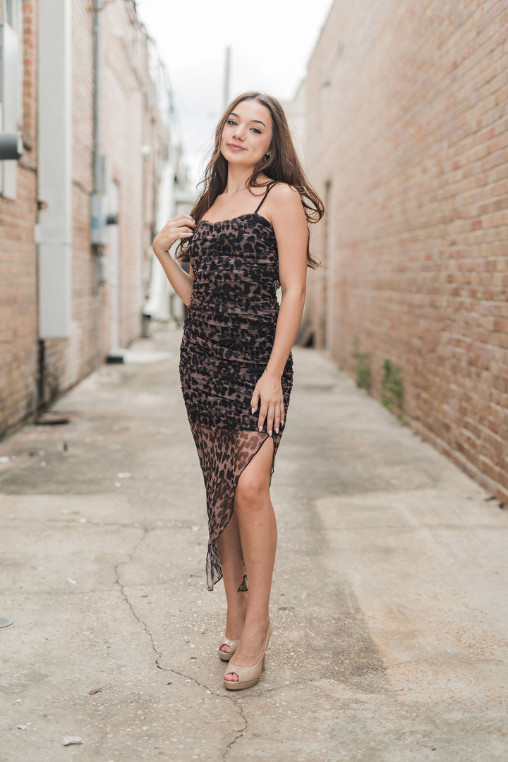 Cheetah Print Ruched Mesh Asymmetrical Midi Dress-Midi Dresses-Endless Rose-Shop with Bloom West Boutique, Women's Fashion Boutique, Located in Houma, Louisiana