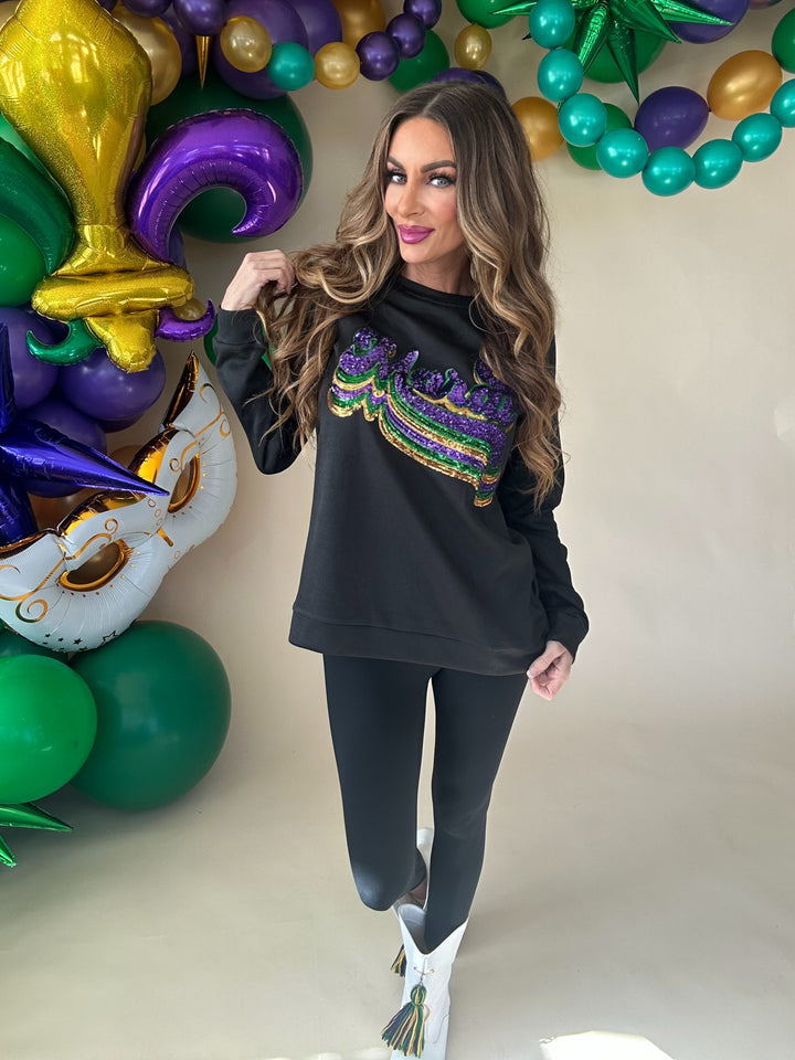 Layered Mardi Sequin Lettering Pullover-Graphic Sweaters-Bibi-Shop with Bloom West Boutique, Women's Fashion Boutique, Located in Houma, Louisiana