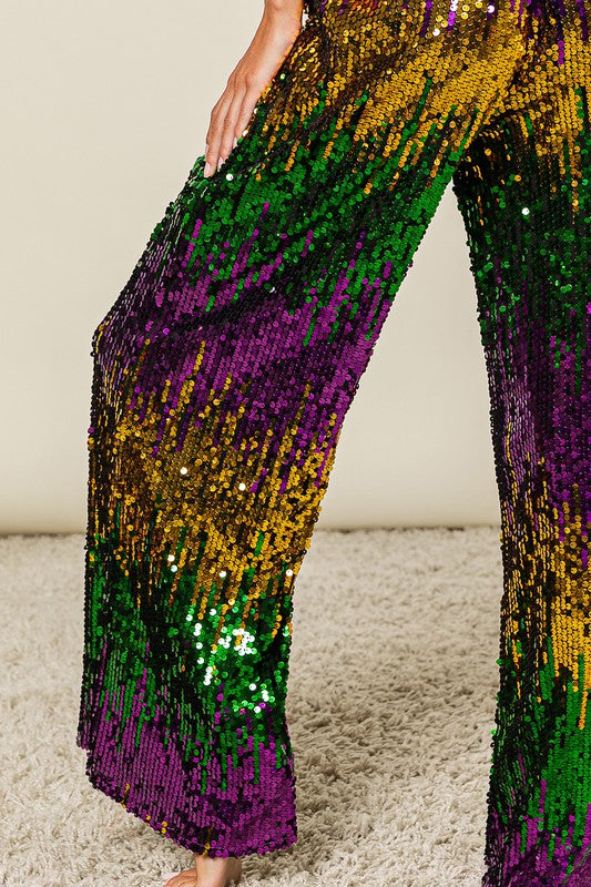 Mardi Gras Sequin Wide Leg Pants PREORDER-Pants-Bibi-Shop with Bloom West Boutique, Women's Fashion Boutique, Located in Houma, Louisiana