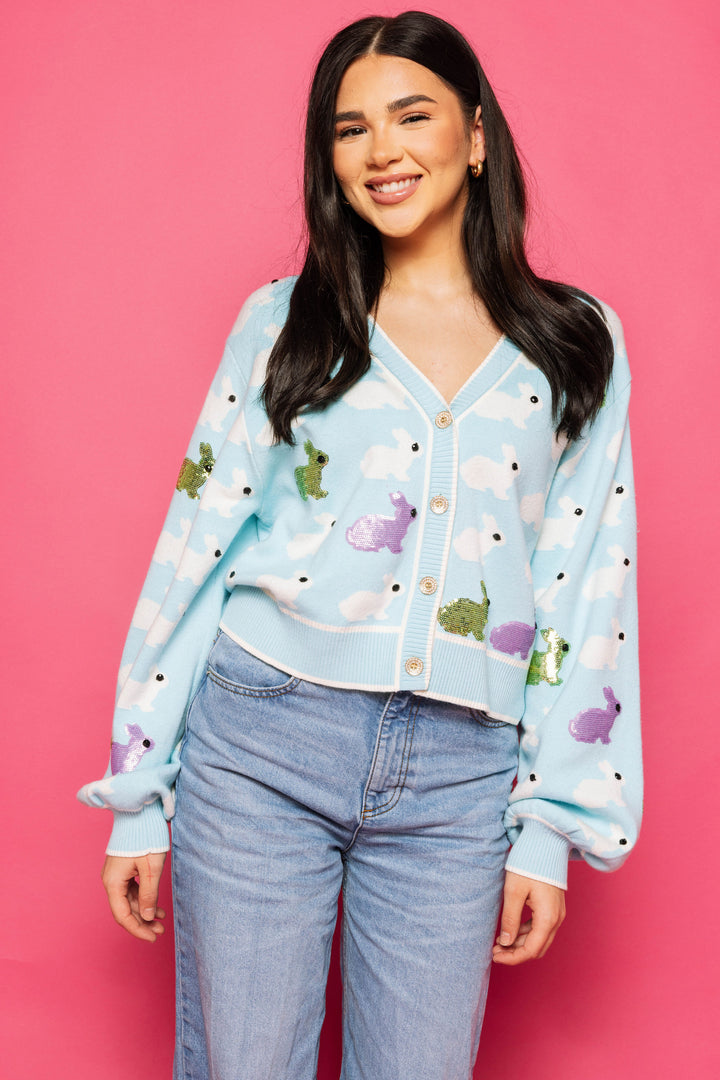 Queen Of Sparkles Blue Scattered Bunny Cardigan-QOS Tops-Queen Of Sparkles-Shop with Bloom West Boutique, Women's Fashion Boutique, Located in Houma, Louisiana