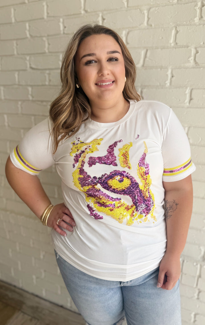 Purple and Gold Tiger Eye T- Shirt-Graphic Tees-Bloom West Boutique Custom-Shop with Bloom West Boutique, Women's Fashion Boutique, Located in Houma, Louisiana