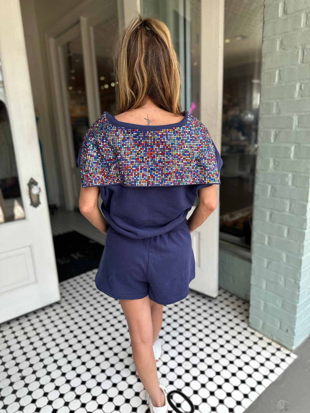 Queen of Sparkles Navy Rhinestone Pocket Shorts-Shorts-Queen Of Sparkles-Shop with Bloom West Boutique, Women's Fashion Boutique, Located in Houma, Louisiana
