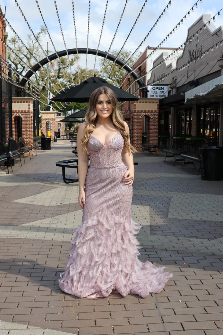 Matiyah Embellished & Feathered Gown-Formal Gowns-17 young dress-Shop with Bloom West Boutique, Women's Fashion Boutique, Located in Houma, Louisiana