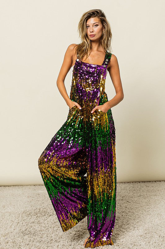 Mardi Gras Color Block Overalls Preorder-Jumpsuits-Bibi-Shop with Bloom West Boutique, Women's Fashion Boutique, Located in Houma, Louisiana