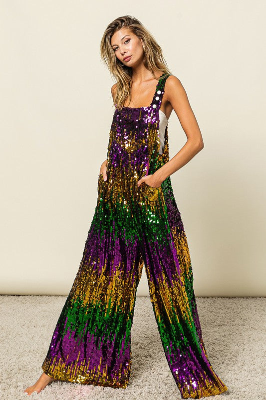 Mardi Gras Color Block Overalls Preorder-Jumpsuits-Bibi-Shop with Bloom West Boutique, Women's Fashion Boutique, Located in Houma, Louisiana