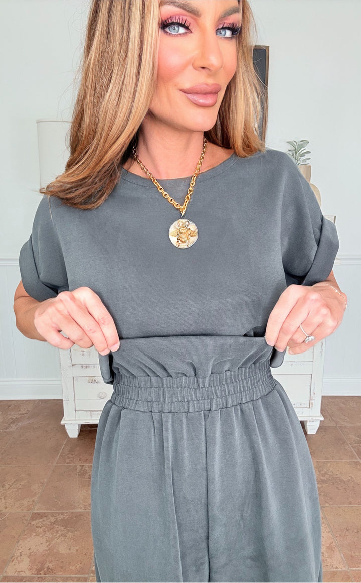 Elle Grey Charcoal Charm Jumpsuit-Jumpsuits-elle grey-Shop with Bloom West Boutique, Women's Fashion Boutique, Located in Houma, Louisiana