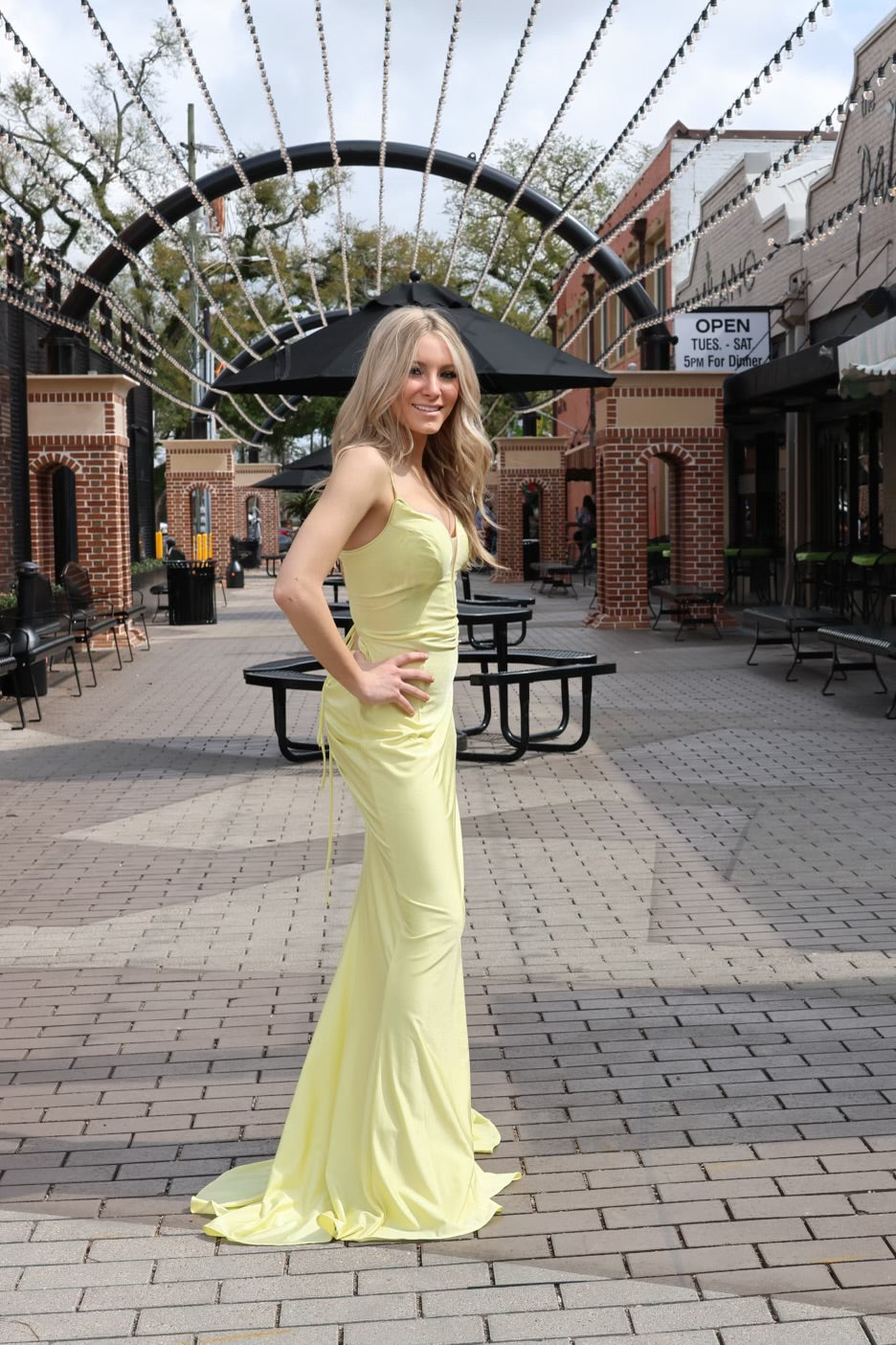Candy Yellow Satin Gown-Formal Gowns-Ruby Prom-Shop with Bloom West Boutique, Women's Fashion Boutique, Located in Houma, Louisiana