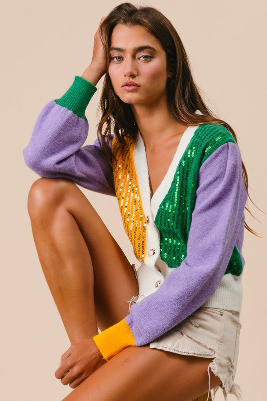 Mardi Gras Color Block Sequin Cardigan PREORDER-Cardigans-Bibi-Shop with Bloom West Boutique, Women's Fashion Boutique, Located in Houma, Louisiana