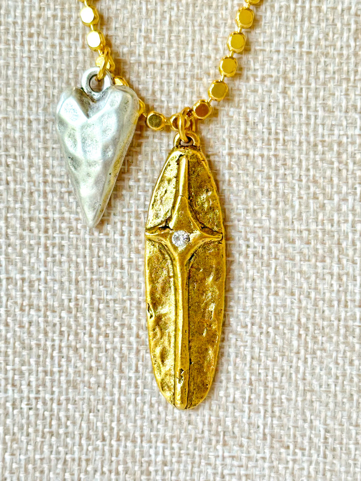 Gold “Dot” Chain with Antique Silver Heart and Gold Pave Pendant-Jewelry-Lula n Lee-Shop with Bloom West Boutique, Women's Fashion Boutique, Located in Houma, Louisiana
