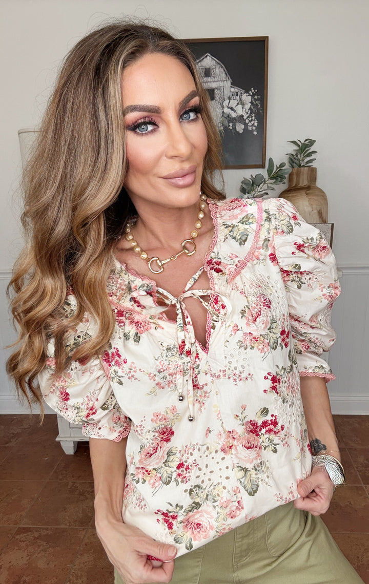 Floral Dahila cream and pink blouse Top-Short Sleeves-Entro-Shop with Bloom West Boutique, Women's Fashion Boutique, Located in Houma, Louisiana