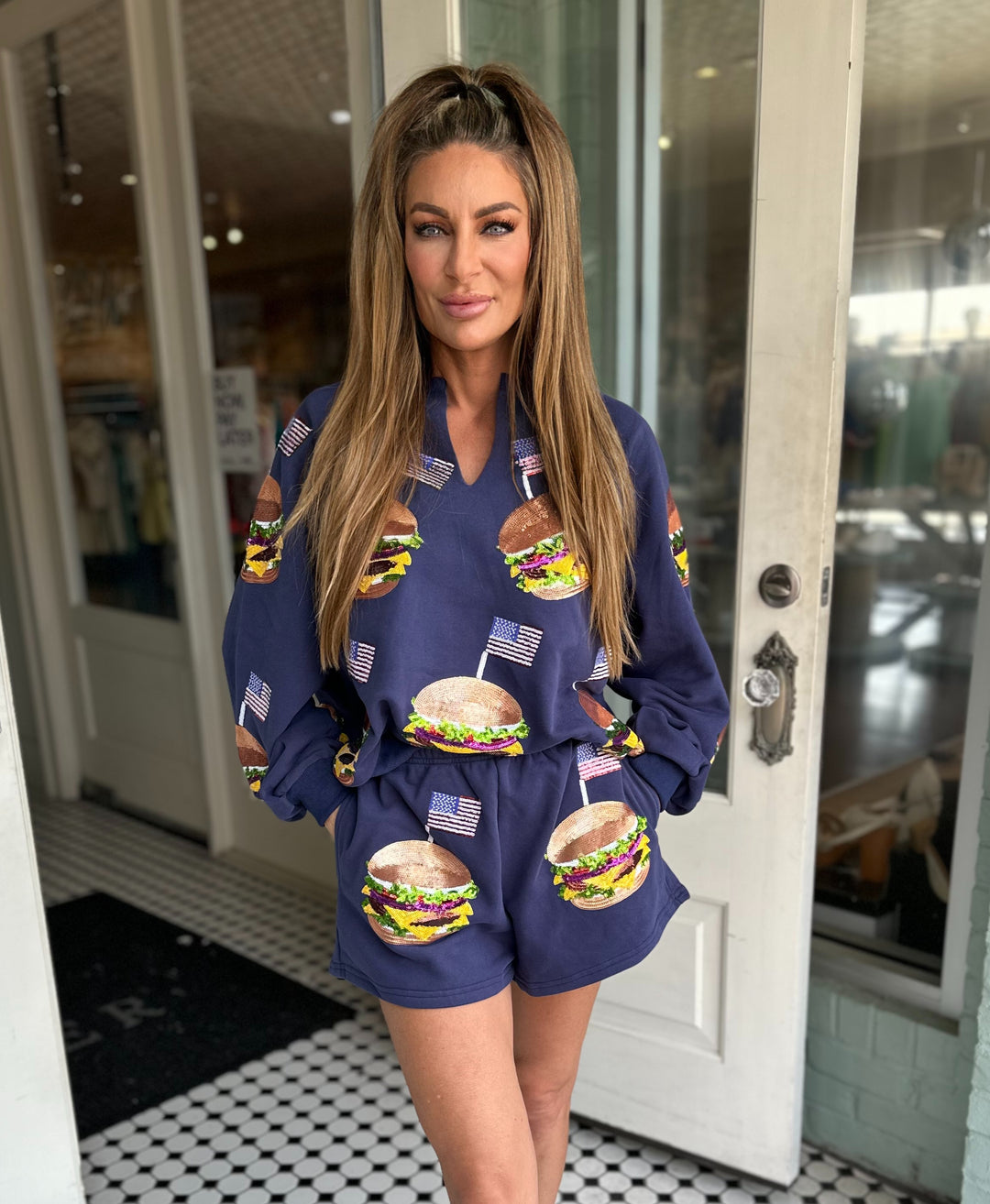 Queen Of Sparkles Navy American Burger Shorts-sweat shorts-Queen Of Sparkles-Shop with Bloom West Boutique, Women's Fashion Boutique, Located in Houma, Louisiana