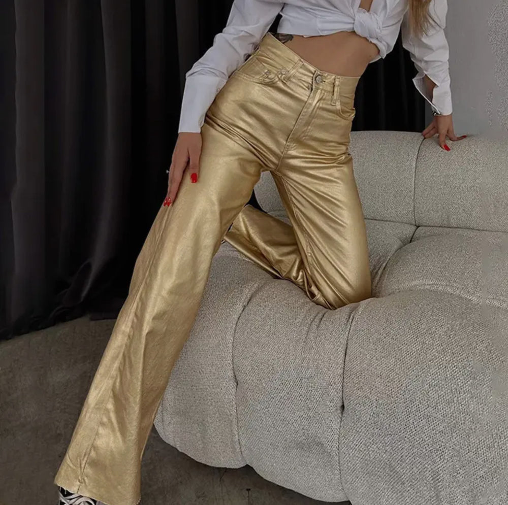Jessalyn Metallic High Rise Straight Pant-Pants-Hidden Brand-Shop with Bloom West Boutique, Women's Fashion Boutique, Located in Houma, Louisiana