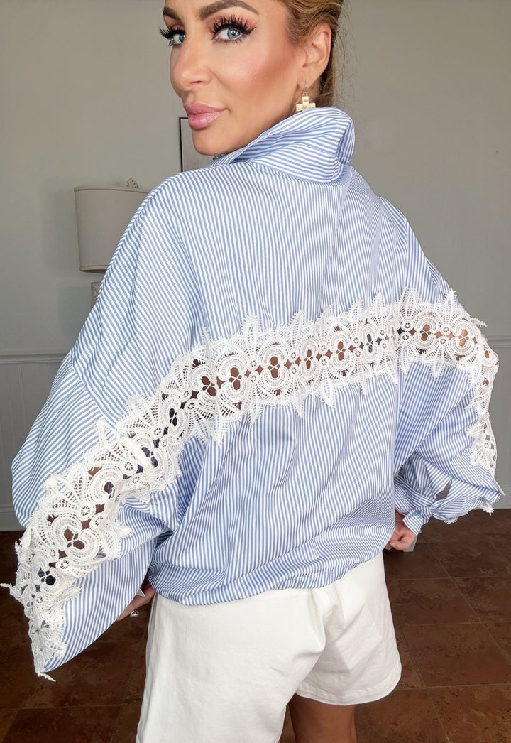 Vintage Havana Lace Pinstripe Blouse-Tops-Vintage Havana-Shop with Bloom West Boutique, Women's Fashion Boutique, Located in Houma, Louisiana