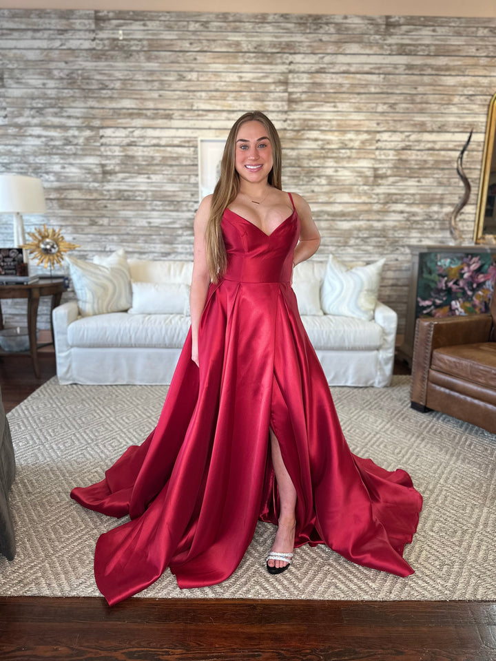 Annika Burgundy Wine Satin Gown-Formal Gowns-Ruby Prom-Shop with Bloom West Boutique, Women's Fashion Boutique, Located in Houma, Louisiana