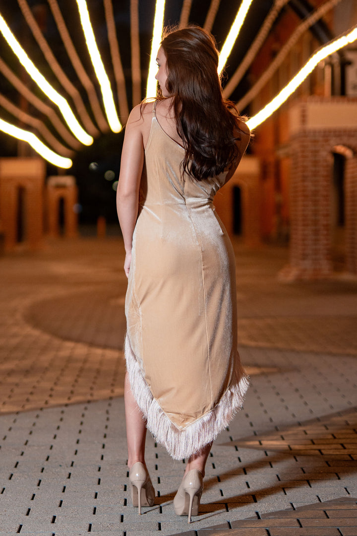 Hugo One Shoulder Fringe Dress Beige-Midi Dresses-DO+BE-Shop with Bloom West Boutique, Women's Fashion Boutique, Located in Houma, Louisiana