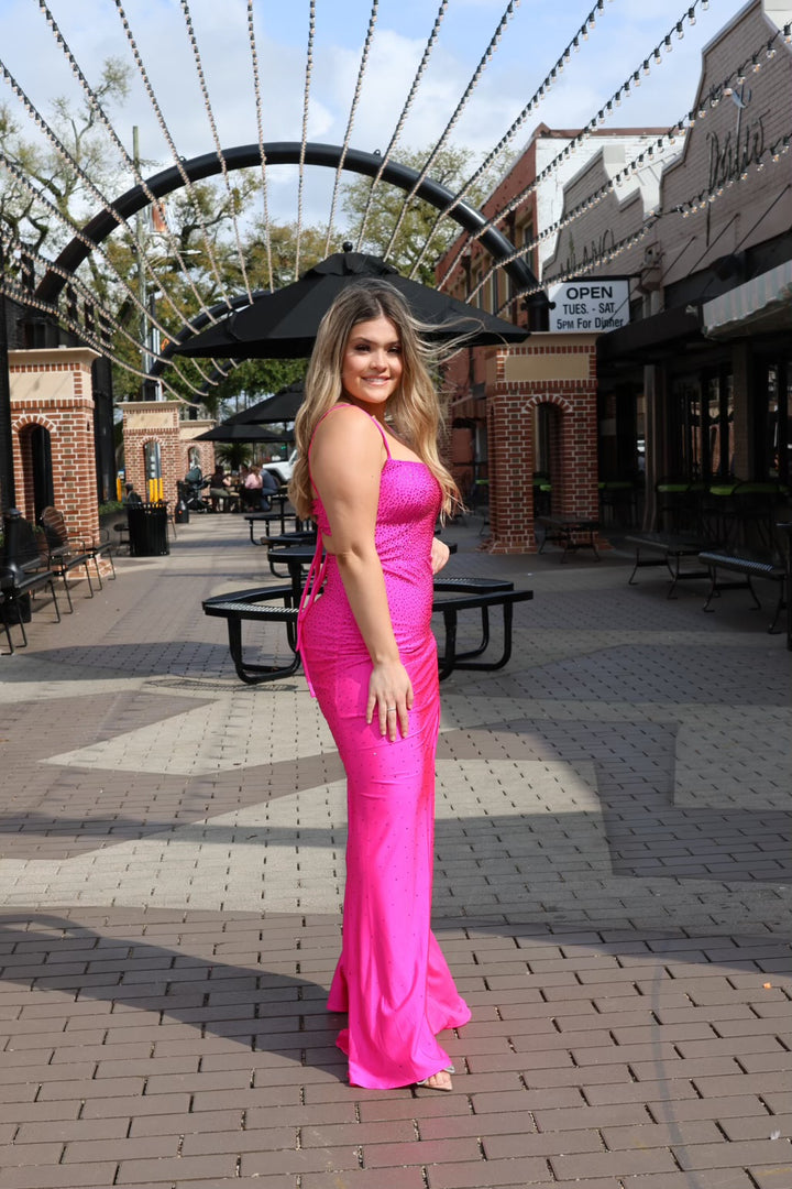 Declynn Stretch Satin Gown W/Hotstone Detail & Keyhole-Formal Gowns-ladivine by cinderella-Shop with Bloom West Boutique, Women's Fashion Boutique, Located in Houma, Louisiana