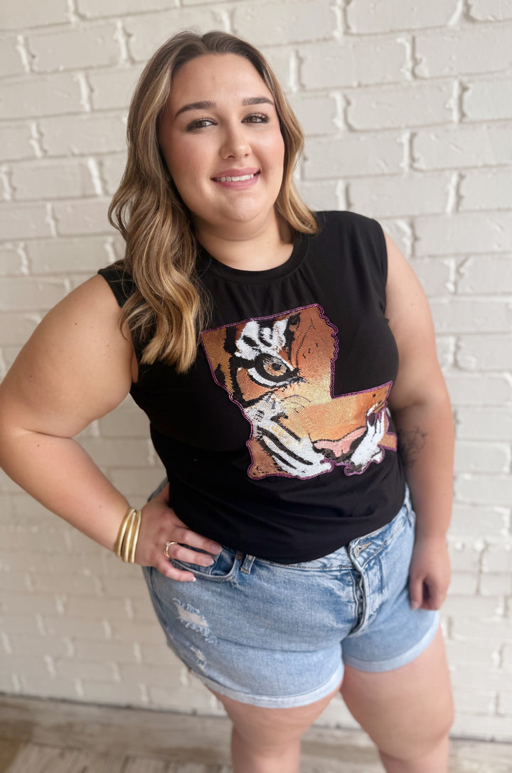 Louisiana Tiger Sequin Sleeveless T-Shirt-Graphic Tees-Bloom West Boutique Custom-Shop with Bloom West Boutique, Women's Fashion Boutique, Located in Houma, Louisiana