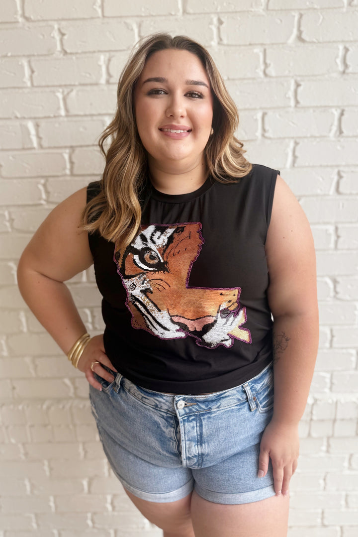 Louisiana Tiger Sequin Sleeveless T-Shirt-Graphic Tees-Bloom West Boutique Custom-Shop with Bloom West Boutique, Women's Fashion Boutique, Located in Houma, Louisiana