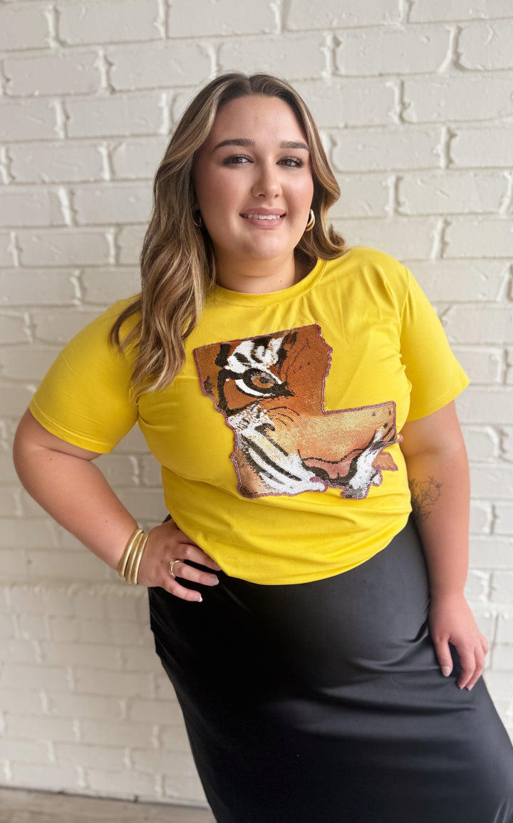 Gold Louisiana Tiger Sequin T-shirt-Graphic Tees-Bloom West Boutique Custom-Shop with Bloom West Boutique, Women's Fashion Boutique, Located in Houma, Louisiana