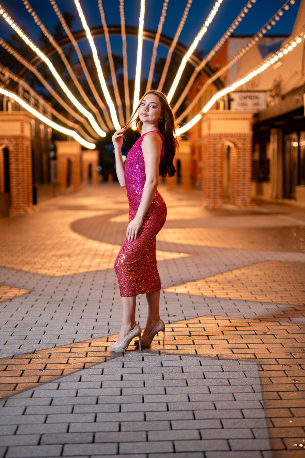 Talia Fuchsia Ombre Sequin Dress-Midi Dresses-Bloom West Boutique-Shop with Bloom West Boutique, Women's Fashion Boutique, Located in Houma, Louisiana