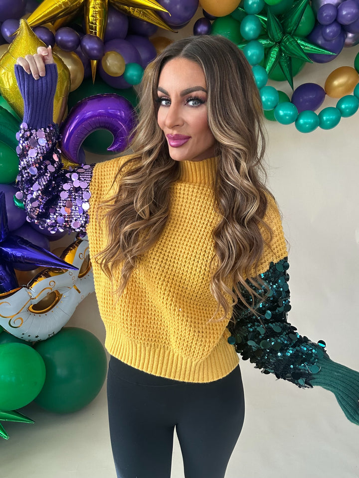Krewe Spangled Sleeve Mardi Gras Color Block Sweater PREORDER-Sweaters-Bibi-Shop with Bloom West Boutique, Women's Fashion Boutique, Located in Houma, Louisiana