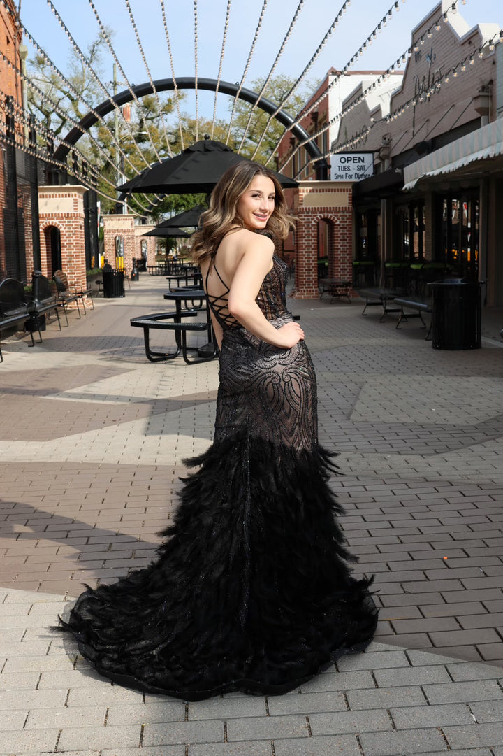 Matiyah Embellished & Feathered Gown-Formal Gowns-17 young dress-Shop with Bloom West Boutique, Women's Fashion Boutique, Located in Houma, Louisiana