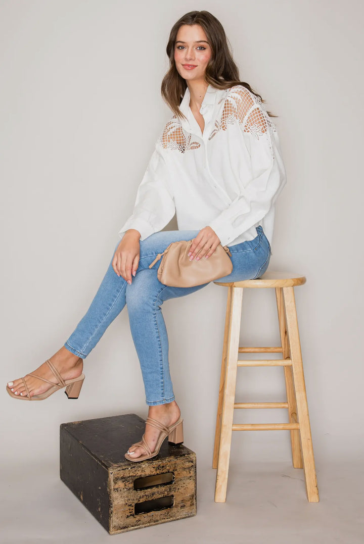 Eyelet Elegance Button Down-Tops-Curds & Whey-Shop with Bloom West Boutique, Women's Fashion Boutique, Located in Houma, Louisiana