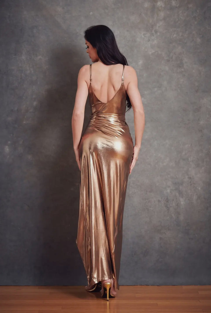 Esther Metallic Pleated Maxi Dress-Maxi Dresses-wffs-Shop with Bloom West Boutique, Women's Fashion Boutique, Located in Houma, Louisiana