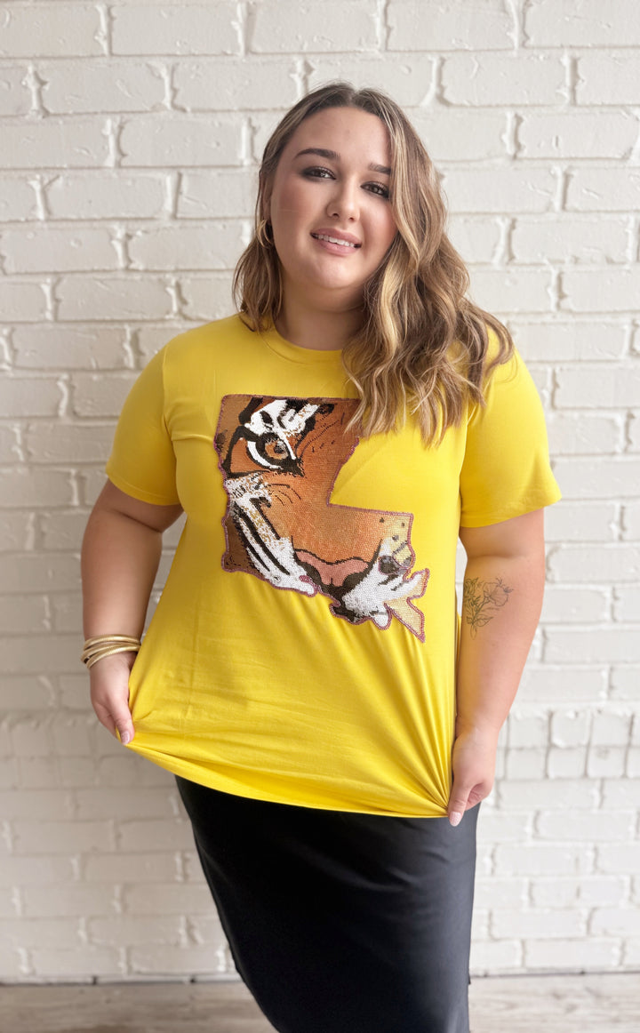 Gold Louisiana Tiger Sequin T-shirt-Graphic Tees-Bloom West Boutique Custom-Shop with Bloom West Boutique, Women's Fashion Boutique, Located in Houma, Louisiana