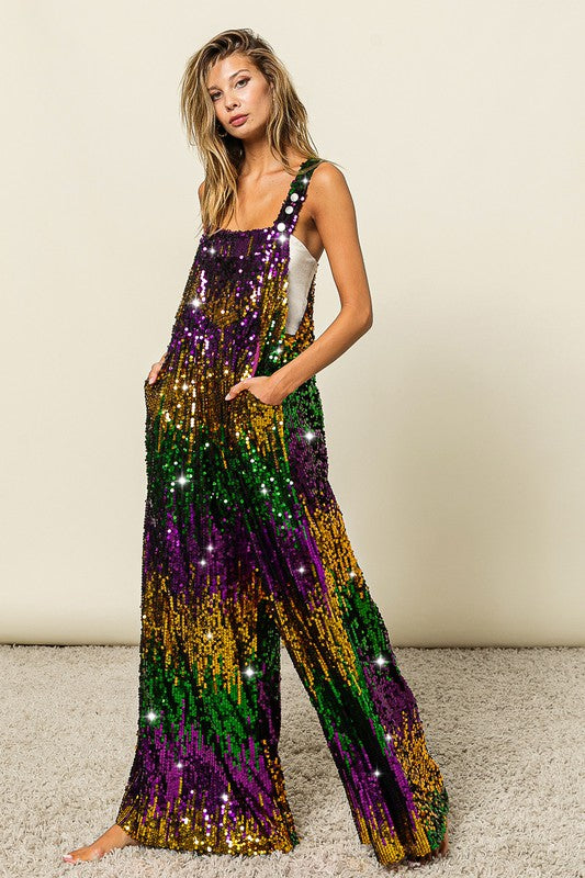 Mardi Gras Color Block Overalls Preorder-Jumpsuits-Bibi-Shop with Bloom West Boutique, Women's Fashion Boutique, Located in Houma, Louisiana