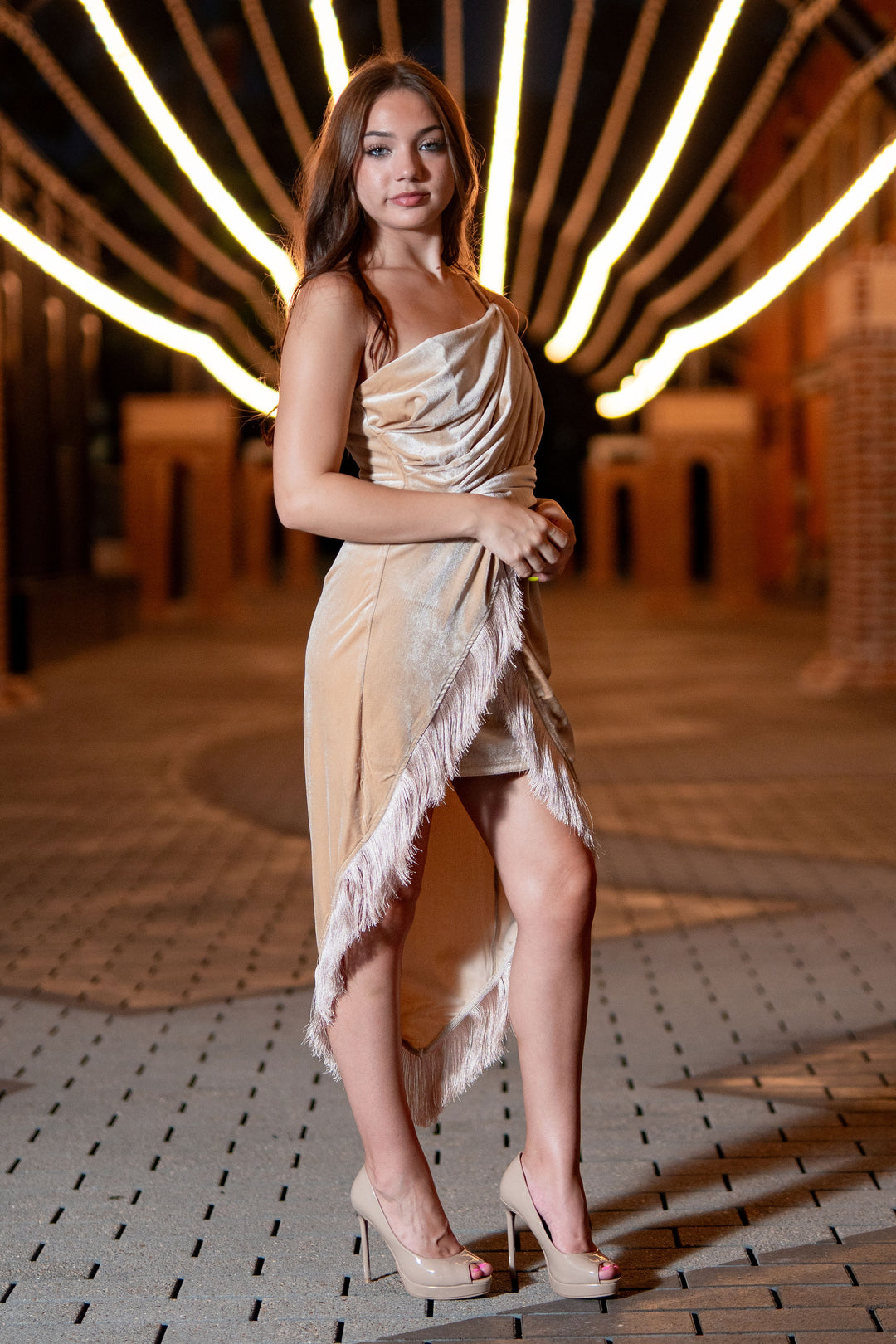 Hugo One Shoulder Fringe Dress Beige-Midi Dresses-DO+BE-Shop with Bloom West Boutique, Women's Fashion Boutique, Located in Houma, Louisiana