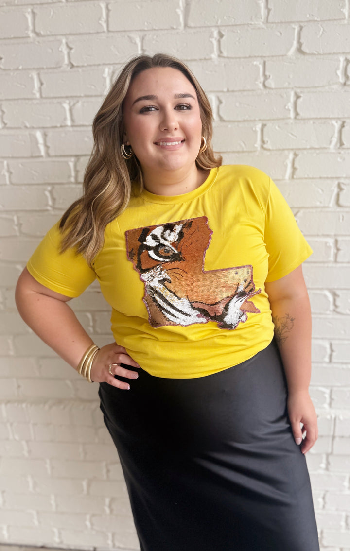 Gold Louisiana Tiger Sequin T-shirt-Graphic Tees-Bloom West Boutique Custom-Shop with Bloom West Boutique, Women's Fashion Boutique, Located in Houma, Louisiana