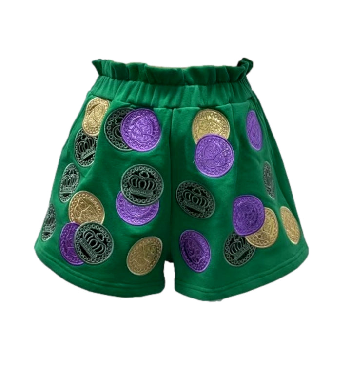 Queen Of Sparkles Mardi Gras Dabloon Shorts-QOS Bottoms-Queen Of Sparkles-Shop with Bloom West Boutique, Women's Fashion Boutique, Located in Houma, Louisiana