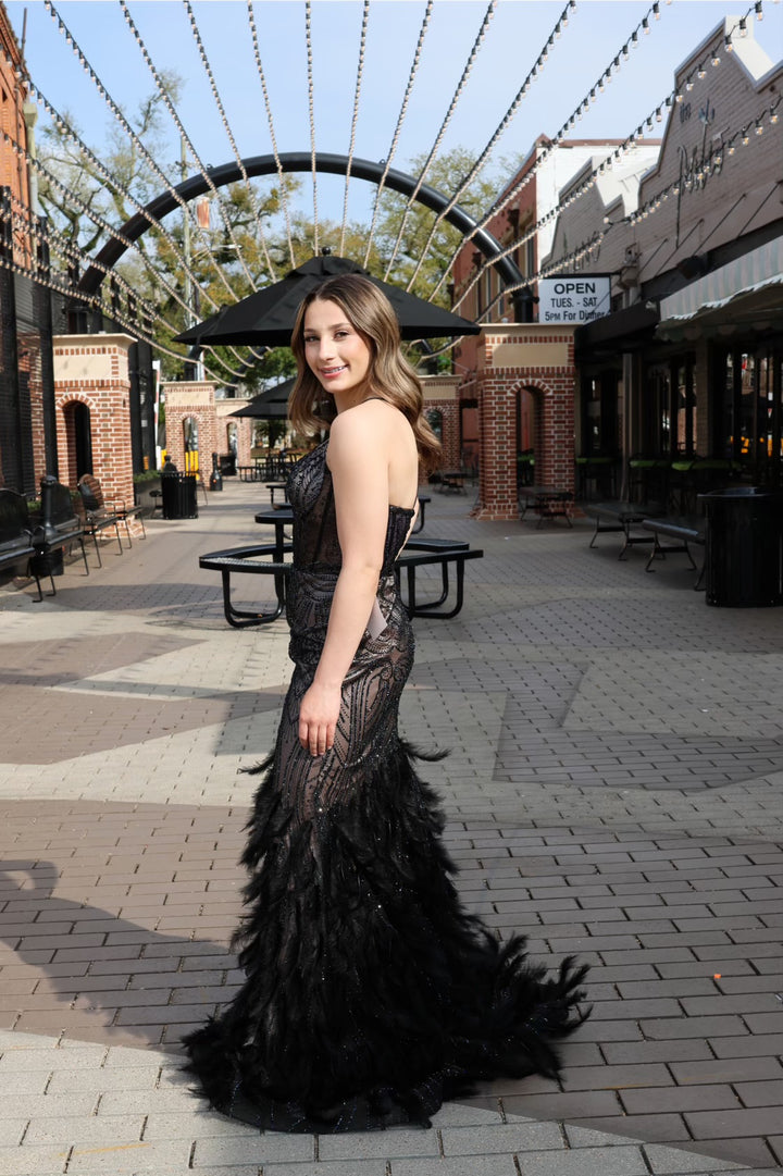 Matiyah Embellished & Feathered Gown-Formal Gowns-17 young dress-Shop with Bloom West Boutique, Women's Fashion Boutique, Located in Houma, Louisiana