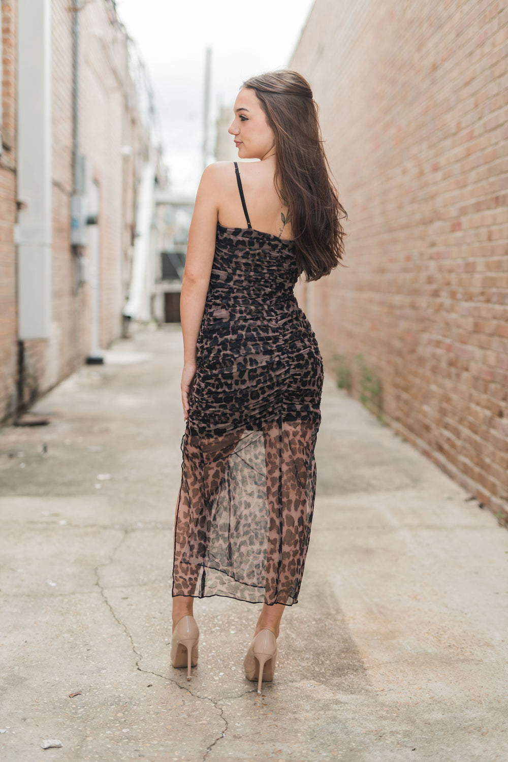 Cheetah Print Ruched Mesh Asymmetrical Midi Dress-Midi Dresses-Endless Rose-Shop with Bloom West Boutique, Women's Fashion Boutique, Located in Houma, Louisiana