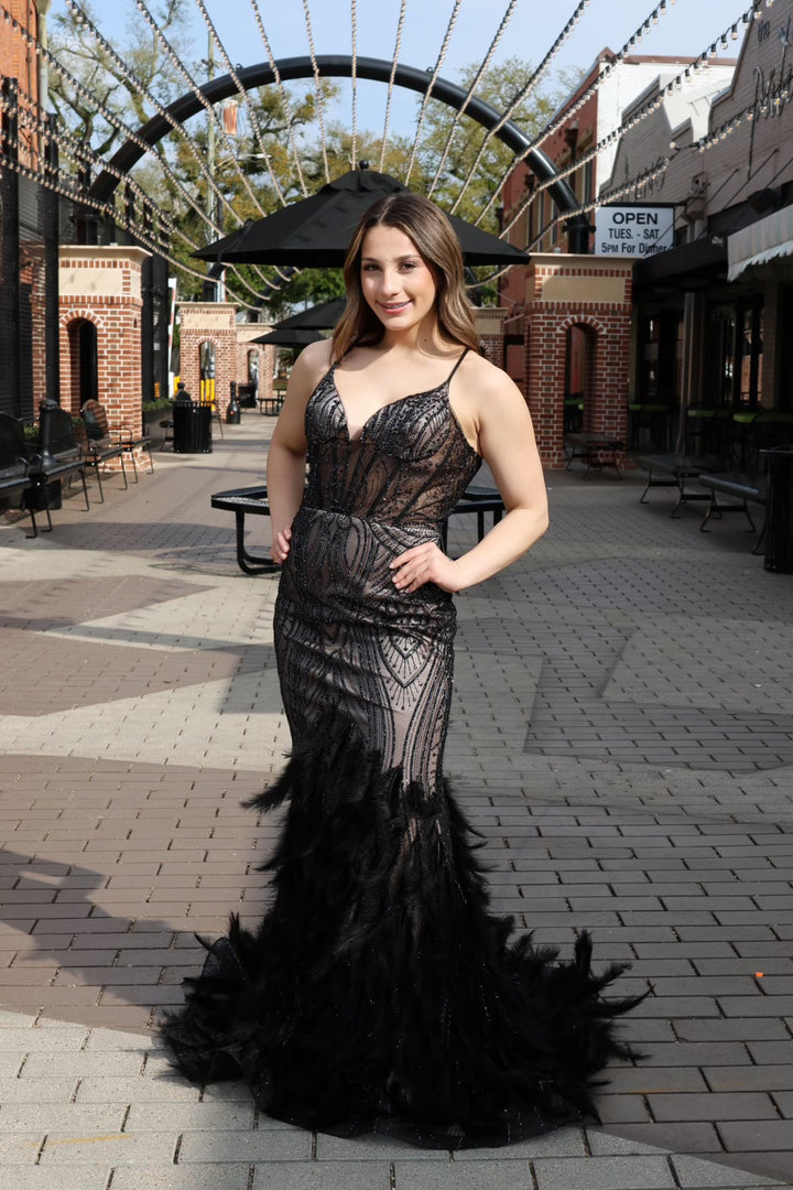 Matiyah Embellished & Feathered Gown-Formal Gowns-17 young dress-Shop with Bloom West Boutique, Women's Fashion Boutique, Located in Houma, Louisiana