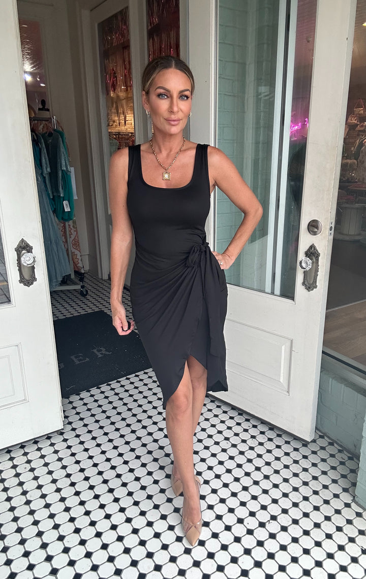 Gilda Wrap Front Tie Side Midi Dress-Mini Dresses-Capella Apparel-Shop with Bloom West Boutique, Women's Fashion Boutique, Located in Houma, Louisiana