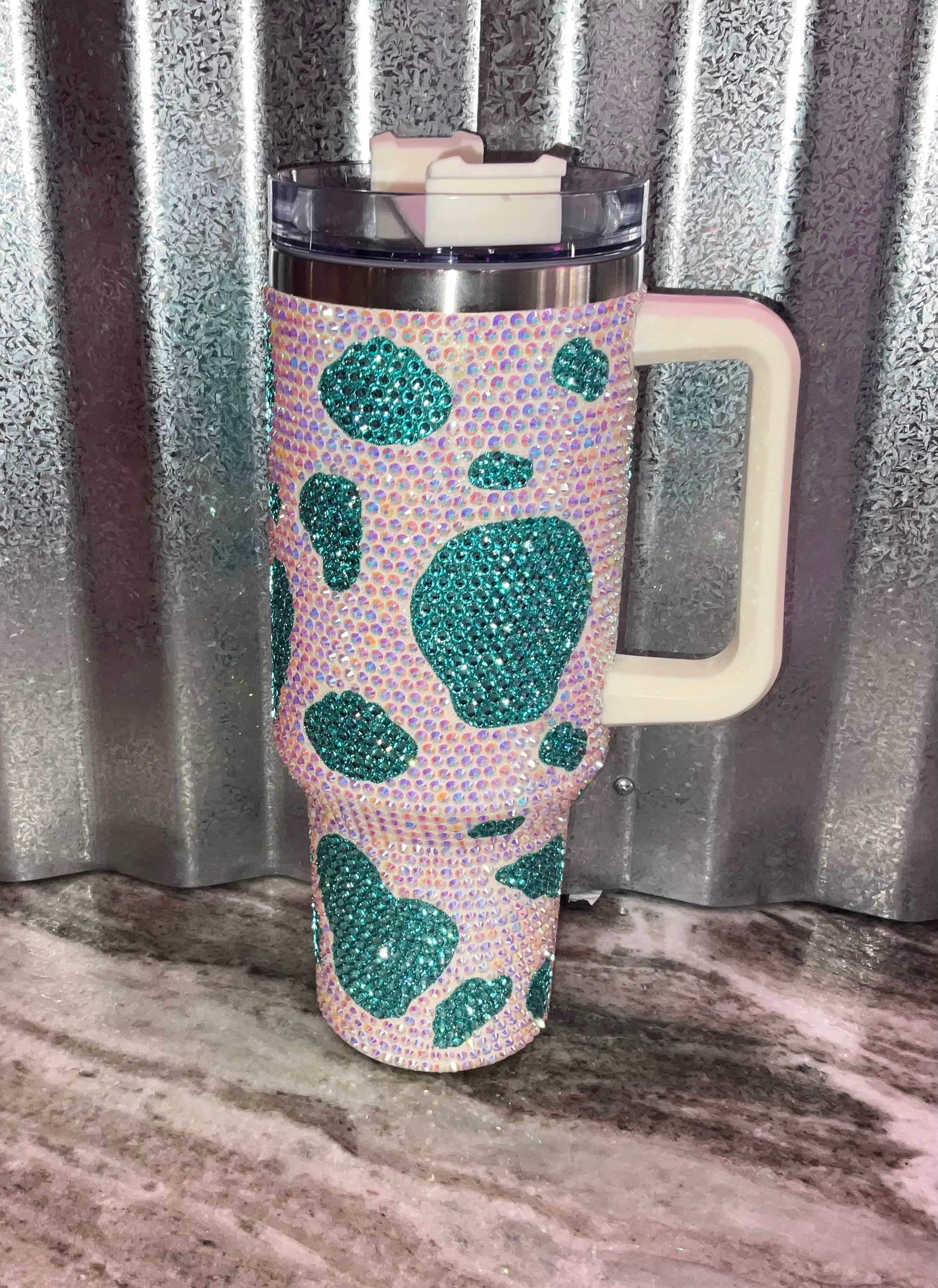 Pink 40oz Rhinestone Tumbler, Pink Cow Print