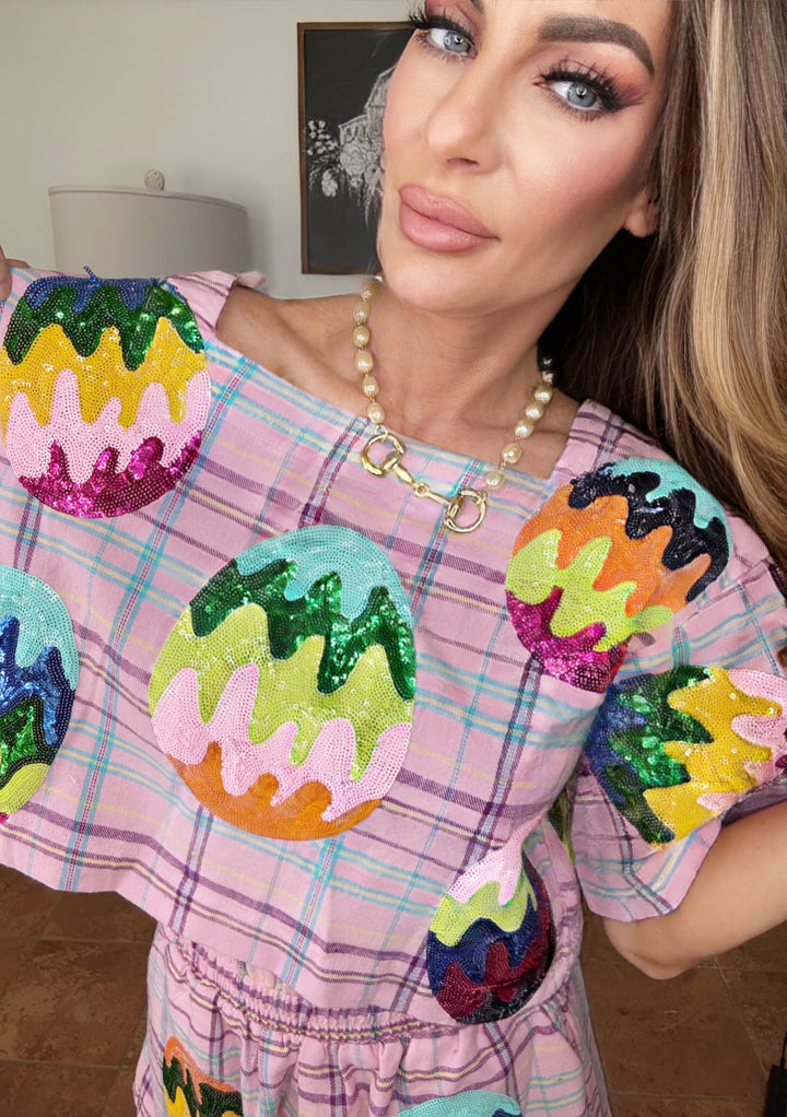 Queen Of Sparkles Plaid Easter Egg Top-QOS Tops-Queen Of Sparkles-Shop with Bloom West Boutique, Women's Fashion Boutique, Located in Houma, Louisiana