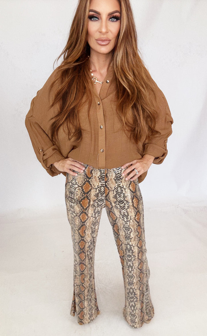 Bronzed Boa Python Pants-Pants-skies are blue-Shop with Bloom West Boutique, Women's Fashion Boutique, Located in Houma, Louisiana