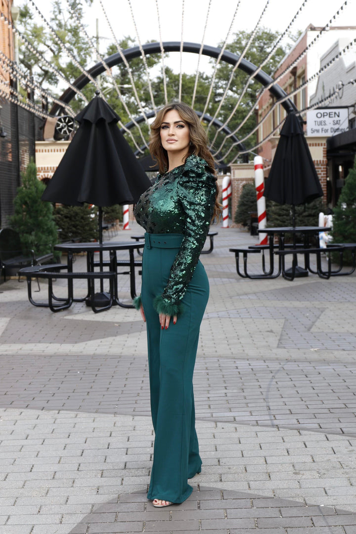 Mary Sequin Jumpsuit With Belt-Jumpsuits-Valentine-Shop with Bloom West Boutique, Women's Fashion Boutique, Located in Houma, Louisiana