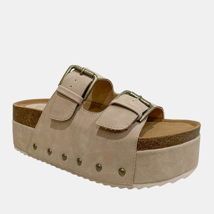 Nina 1 Double Buckle Flatform – Studded Slide Sandal with Cork Midsole-WEDGES-MODAPASSO-Shop with Bloom West Boutique, Women's Fashion Boutique, Located in Houma, Louisiana