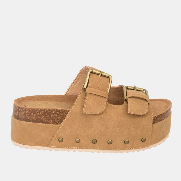 Nina 1 Double Buckle Flatform – Studded Slide Sandal with Cork Midsole-WEDGES-MODAPASSO-Shop with Bloom West Boutique, Women's Fashion Boutique, Located in Houma, Louisiana