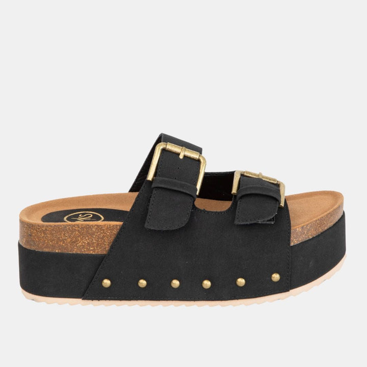 Nina 1 Double Buckle Flatform – Studded Slide Sandal with Cork Midsole-WEDGES-MODAPASSO-Shop with Bloom West Boutique, Women's Fashion Boutique, Located in Houma, Louisiana