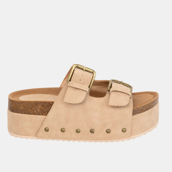 Nina 1 Double Buckle Flatform – Studded Slide Sandal with Cork Midsole-WEDGES-MODAPASSO-Shop with Bloom West Boutique, Women's Fashion Boutique, Located in Houma, Louisiana