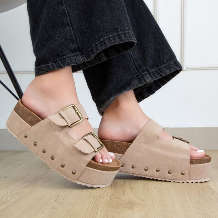 Nina 1 Double Buckle Flatform – Studded Slide Sandal with Cork Midsole-WEDGES-MODAPASSO-Shop with Bloom West Boutique, Women's Fashion Boutique, Located in Houma, Louisiana