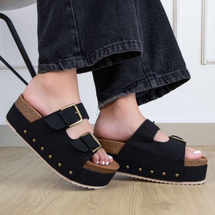 Nina 1 Double Buckle Flatform – Studded Slide Sandal with Cork Midsole-WEDGES-MODAPASSO-Shop with Bloom West Boutique, Women's Fashion Boutique, Located in Houma, Louisiana